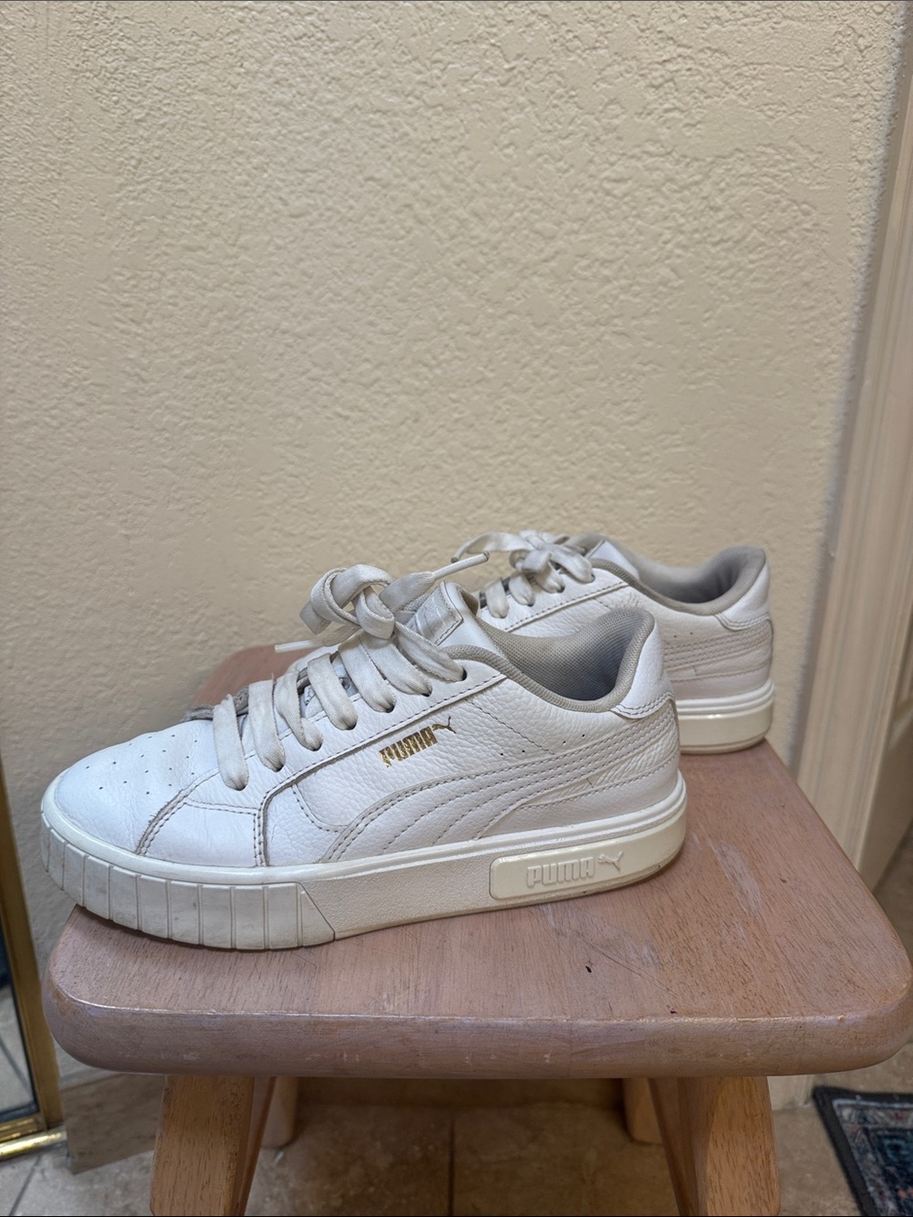 Puma Cream/White Leather Low-Top Sneakers with Gold Logo